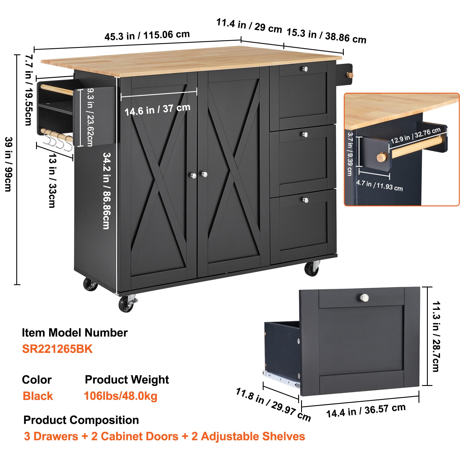 Kitchen Island Cart Rolling Storage Cabinet On Wheel With Drawer & Shelves_voghion.com
